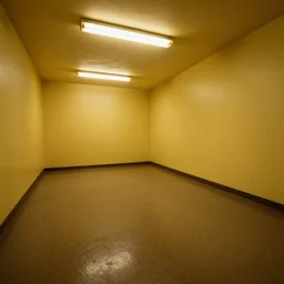 Found footage of the backrooms - moist carpet, walls with a monochromatic tone of yellow, and buzzing fluorescent lights.
