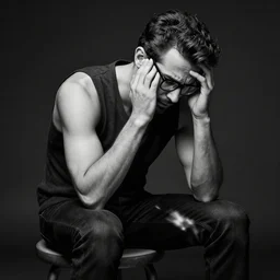 black and white, studio photograph of a male italian artist wearing glasses sitting on a stool, anxiety and depression, intricate, elegant, highly detailed, hyper realistic, dark background, flickr, smooth, sharp focus, shot by national geographic