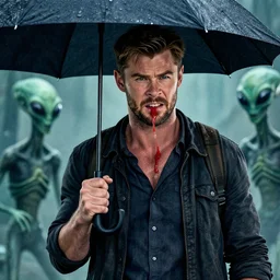 epic movie poster aliens vomiting on chris hemsworth while he looks really annoyed and holding an umbrella