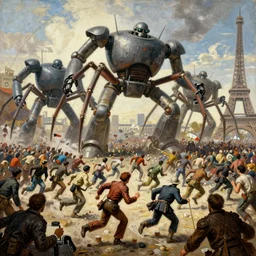 giant robots spiders attacking french revolution in paris, socialist realism painting, big panic, crowd running away, by jakub rozalski artgerm and greg rukowsky highly detailed