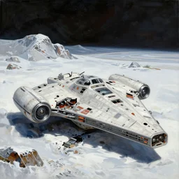 a painting of a crashed star wars spaceship in a snowy landscape, a detailed matte painting by peter madsen, featured on artstation, space art, matte painting, matte drawing, reimagined by industrial light and magic