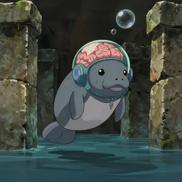 hyperrealist, dull colors, interior shot from howls moving castle 2 0 0 4 of a manatee with a brain helmet floating in flooded stonehenge. bubble.