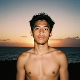 a samoan young adult in his 2 0's, brown complexion, portrait, facial hair, posing in front of a striking sunset, film grain, 3 5 mm film, cinematic, 8 k, 4 k