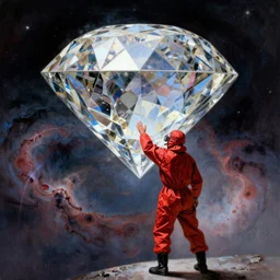 scientist wearing a red hazmat suits reaching towards a giant diamond polyhedron hovering above with a nebula sky background by frank frazetta
