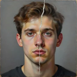 a painting split in half from the middle showing a man's face before and after