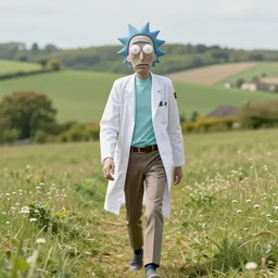 rick sanchez in lab suit, face to camera walking in a field. france, dordogne, hills, ultra high, face to camera, detail, 8 k, sunset, flowers, trees, river, hills, octane render.