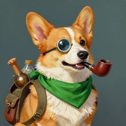 Anthropomorphic Corgie with Pipe in his mouth. He has a green scarf around his neck, a monocle up to his eye, and a backpack full of wares, D&D Art, Fantasy, Vibrant, painting by Vince Ruz