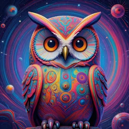 a portrait of a psychedelic cat owl figure by naoto hattori, android jones and chris dyer, deep bold colors, galactic entity, depth of field, intricate beautiful painting, billions of details, octane render, portal, 8 k, detailed vector, trending on artstation, cgisociety, wow!!!!!!!!!!