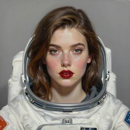a portrait of a very beautiful woman in a spacesuit with a dueling scar, brown eyes, shoulder-length brown hair, deep red lips, glitter, bored, illustration, soft lighting, soft details, painting oil on canvas by mark arian by artgerm, trending on artstation, 4k, 8k, HD