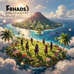 a painting a breathtaking aerial view of Hawaiian islands with Pirates, surrounded by palm trees, clouds, flowers, volcano, azure ocean, sunlight glistening, glow, , a detailed matte painting by sylvain sarrailh, Stephan Martinière, by RHADS, Makoto Shinkai, bokeh, Artstation contest winner, fantasy art, concept art, #vfxfriday