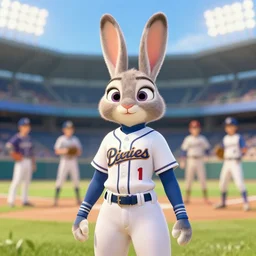 beautiful portrait of a female anthropomorphic rabbit fursona wearing a baseball uniform. baseball stadium backgroundd. character design by disney, charlie bowater, ross tran, artgerm, and makoto shinkai, detailed, soft lighting, rendered in octane