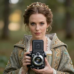 portrait photograph of a very beautiful Scandinavian queen with ornate cloak, bokeh, graflex camera, marcro 15mm