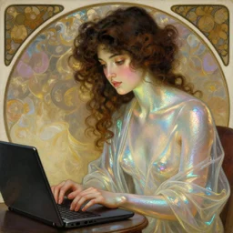 a brunette girl with curly hair working on her laptop, iridescent scaled skin, refraction and reflections, translucent, shawl, artstation, painting by alphonse mucha and bouguereau and ruan jia and conrad roset