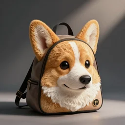 a backpack in the shape of a corgi head, accessory, extremely cute, fashionable