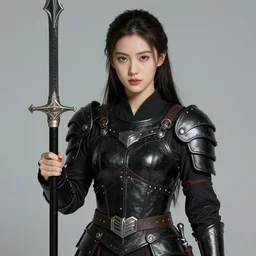 a beautiful woman warrior long hair. wearing black leather armor. holding a spoon. league of legend concept art champion. dogital art. award winning high definition