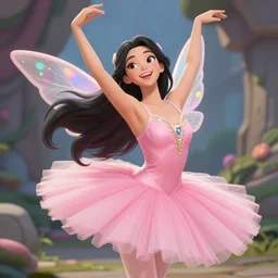 a beautiful ballerina woman with long black hair, wearing a pink top and a pink tutu, fairy wings, Hearthstone official splash art