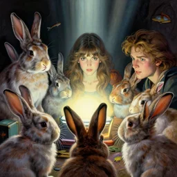 highly detailed close - up portrait of bunnies watching tv, nicoletta ceccoli, mark ryden, lostfish, earl nore, hyung tae, frank frazetta, global illumination, god rays, detailed and intricate environment