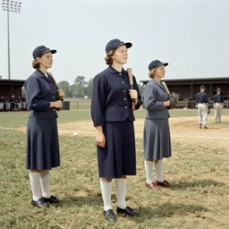 1946 baseball game, small town America, women in suits, women players, drawn by Norman Rockwell