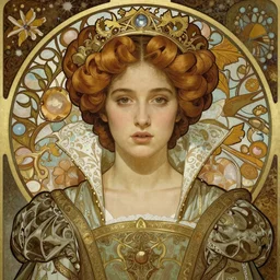beautiful young medieval queen by chie yoshii, iris van herpen, jean delville, james jean, alphonse mucha, visionary, symbolist, detailed face portrait, ornate garments