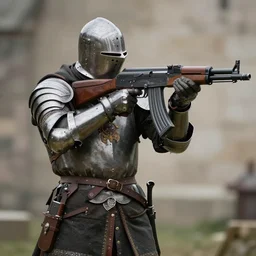 a medieval knight in full armor, shooting an ak - 4 7. award winning national geographic photo.