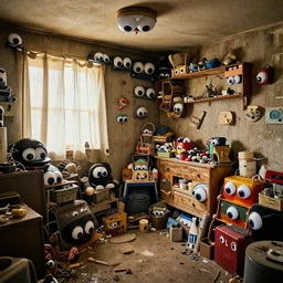 the inside of a hoarders house where every item has googly eyes, photography, funny and silly
