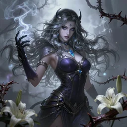 beautiful necromancer with mist and smoke magic, long wavy hair, surrounded by thorns and lilies. attarctive face, anime key visual, highly detailed, sharp focus, concept art, league of legends, style by shumolly and monable and artgerm and greg rutkowski and zeronis and pilyeon and ruan jia