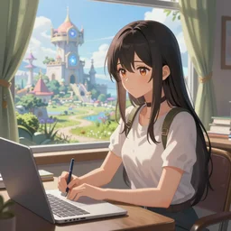 A beautiful anime-style digital concept painting of a beautiful young woman studying in front of a window with a view of a fantasy world, by Stanley Artgerm Lau, WLOP, Rossdraws, LeraPi, and Sakimichan, trending on artstation