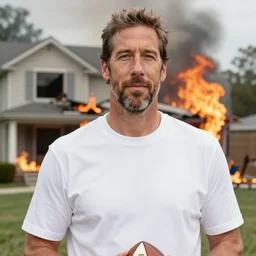 a photo of a house burning down in the background and aaron rodgers with an eerie expression in the foreground, strong depth of field