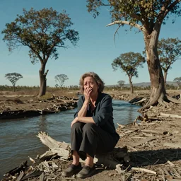 65-year-old woman made of trees crying one emotionless tear, facing the camera and sitting on a dried up river in a desolate land, blue sky, hot and sunny, highly-detailed, elegant, dramatic lighting, artstation, 4k, cinematic landscape, photograph by Elizabeth Gadd