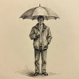 a drawn man standing in the rain in a jacket with an umbrella. pencil sketch.