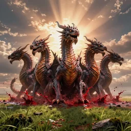 seven dragon moloch horridus heads rising from the sea of blood, landscape, cinematic view, epic sky, detailed, concept art, low angle, high detail, warm lighting, volumetric, godrays, vivid, beautiful, trending on artstation, by jordan grimmer, huge scene, grass, art greg rutkowski