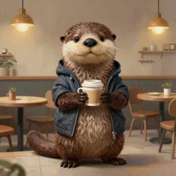 anthropomorphic furry otter wearing cool clothes in a coffee shop, trending on art station, furaffinity, leonid afremov, petros afshar, painting
