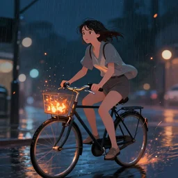 a beautiful illustration of a woman riding a bicycle in a rainy night, fiery particles!!!, anime aesthetic, midnight theme, depth of field, bokeh, composition study, featured on artstation, by art by artgerm and greg rutkowski and alphonse mucha, vertical orientation