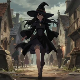 key anime visual portrait of a young female witch walking through a busy medieval village, dynamic pose, dynamic perspective, cinematic, dramatic lighting, detailed silhouette, anime proportions, perfect anime face