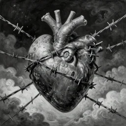 By Tom Bagshaw, ultra realist soft painting of an heart attached with barbed wires in a curiosity carnival by night, symmetry accurate features, very intricate details, ominous sky, black and white, volumetric light clouds