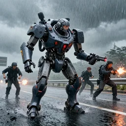 incredible thomas kincaid rainstorm yoji shinkawa victo ngai siconolfini pennington sibylla merian rocha harris zorn dahl artgerm bilibin wlop vfx cyberpunk synthwave combat mech in a firefight with criminals on a highway speed chase, gun fight on highway, rainstorm, hyperrealism photo - realistic photography lifelike intense beautiful