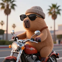 a photorealistic photograph of a knitted cute Capybara wearing sunglasses and dressed in a beanie cap in addition to riding on a motorcycle in Hollywood at dusk. Palm trees in the background. This 4K HD image is Trending on Artstation, featured on Behance, well-rendered, extra crisp, features intricate detail and the style of Unreal Engine.