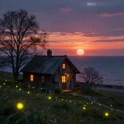 fireflies in a ocean inspired by Evgeny Lushpin,cottage,sunset,spring,cinematic,trending on ArtStation