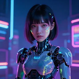 portrait of a young mech girl with fluorescent cybernetic implants dripping in a world of neon dreams by james jean and kilian eng