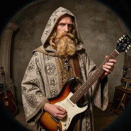 hyper realistic, detailed, early 1 7 0 0's photograph of a blonde bearded wizard, wearing hooded garment covered in magical sigils, holding an electric guitar, award winning, fish eye lens