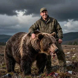 Photo, A Hunter with a big smile because he killed a big bloody bear.