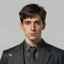 portrait of a man by greg rutkowski, he is! about 3 0 years old, short black hair with bangs, his features are a mix between french, turkish and russian and he is wearing futuristic office suit, highly detailed portrait, digital painting, artstation, concept art, smooth, sharp foccus ilustration, artstation hq.