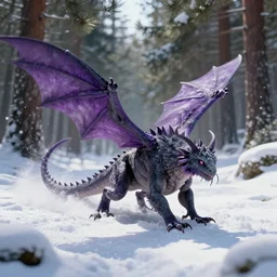 realistic moth dragon, grey and purple color scheme, ina snowy pine forest, dynamic shadows, dynamic colors, trending on artstation, 4 k