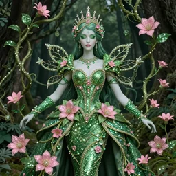 beautiful green pink bling bling of the queen of forest, complicated vines branches and bling bling flowers in naturalism, dark fantasy, intricate, elegant, highly detailed, digital painting, artstation, highly saturated colors, concept art, matte, 3 d 8 k octane rendered, sharp focus, illustration, art by artgerm and alphonse mucha, leesha hannigan