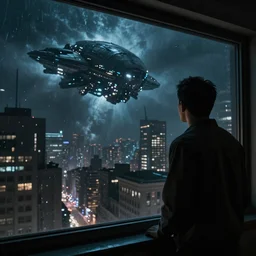 looking out window, exterior night of city devastated by attack by alien spaceships, storm,arge alien spaceship, atmospheric, moody, dramatic lighting, cinematic, photo real, in the style of blade runner