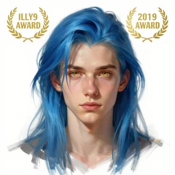 ilya kuvshinov with long sky blue hair, gold eyes, amber eyes, boyish face, professional digital painting, wild brush strokes, concept art, award - winning photography, cinematic, wlop, color block, pop, hip, art by andy warhol, pixiv art, yoshitaka amano