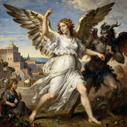 renaissance painting of a beautiful biblically accurate angel woman with a pretty face makeup, clothed in white lace linen, fighting against satan, with a roman town in the background, by frank frazetta, by charlie bowater, by magali villeneuve, j. c. leyendecker, ultra realistic, 4 k, photo realistic, volumetric lighting,