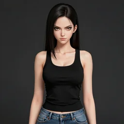 a portrait of dilraba dilmurat as revy from black lagoon, smirk, black tank top, jean shorts, brown eyes, symmetrical eyes, symmetrical face, art by lois van baarle and loish and ross tran and rossdraws and sam yang and samdoesarts and artgerm, digital art, intricate, sharp focus, unreal engine 5