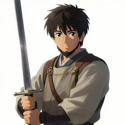 portrait of a young medieval swordsman with a beard holding his sword highly detailed, digital painting, concept art, sharp focus, by makoto shinkai
