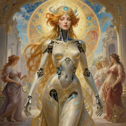 a stunning intricate exquisite imaginative exciting painting of an android cyborg woman, ornate magical intricate and soft by ruan jia, tom bagshaw, alphonse mucha, krenz cushart, beautiful palace ruins in the background, epic sky, vray render, artstation, deviantart, pinterest, 5 0 0 px models